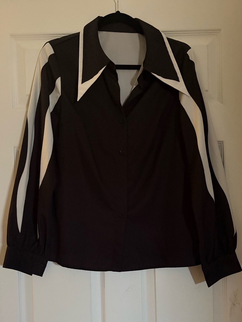 Black and White Contrast Collared Button-Up Top